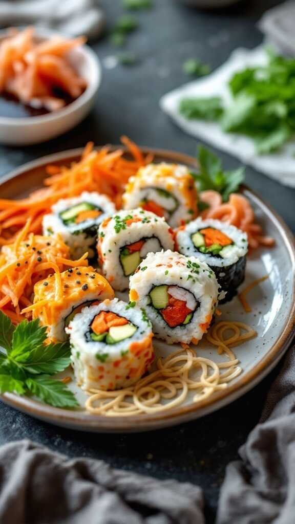 Veggie sushi rolls with colorful vegetables on a plate.