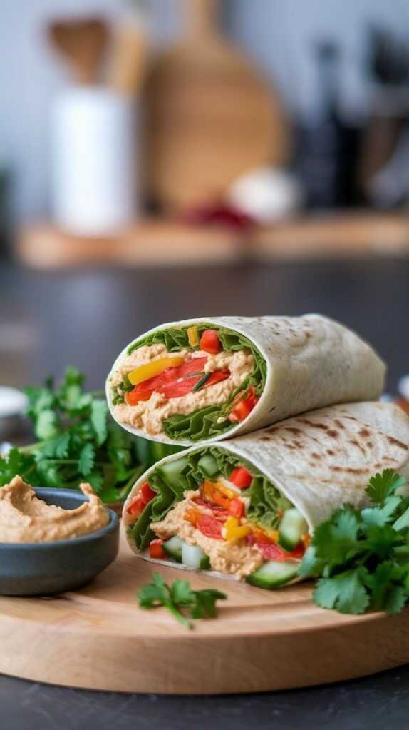 Vegetarian wrap with hummus, cucumber, and bell peppers