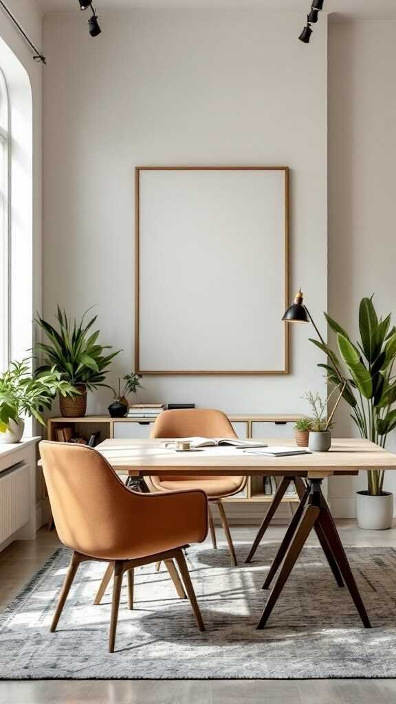 A modern home office featuring a large table, two chairs, plants, and a bright atmosphere.
