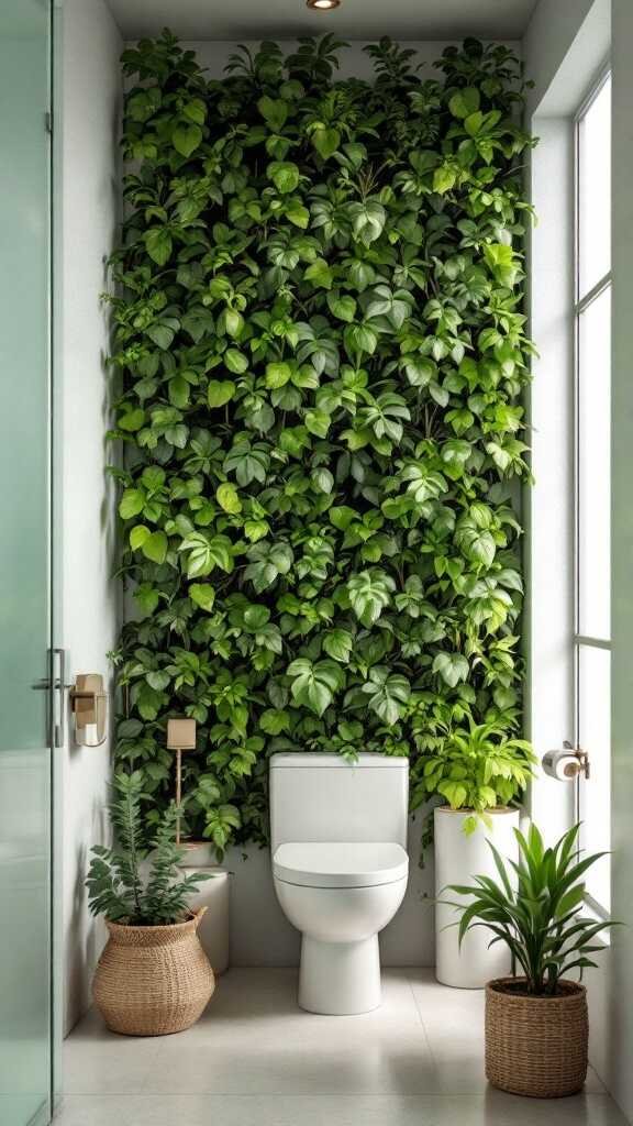 A modern small bathroom featuring a vertical garden with various green plants on the wall, a white toilet, and potted plants in baskets.