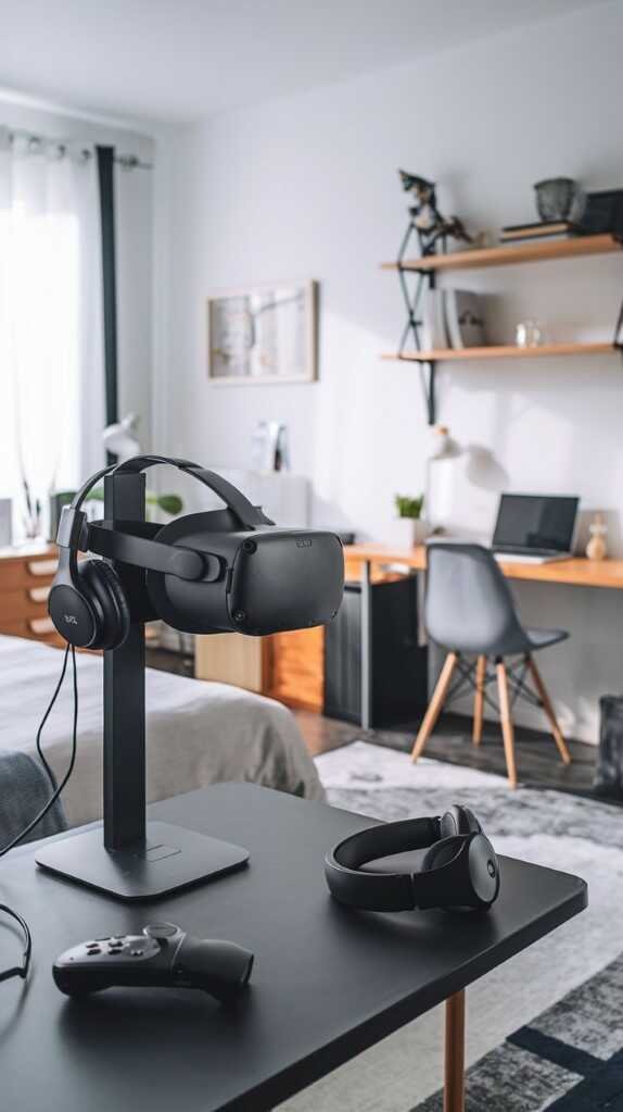 A cozy gaming bedroom for boys featuring a bed, a desk with gaming equipment, and a VR headset