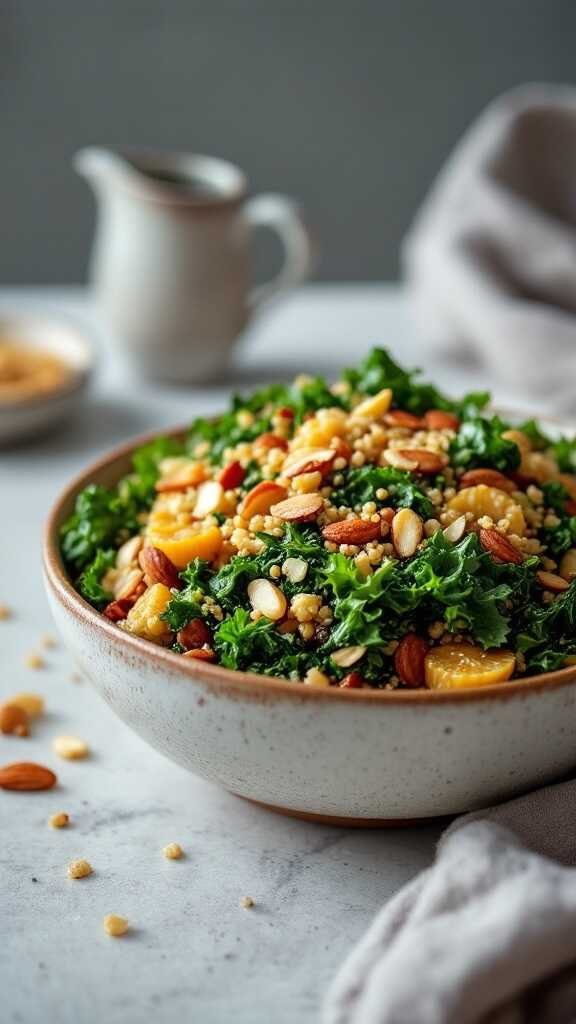 A bowl of warm quinoa and kale salad with almonds and cranberries