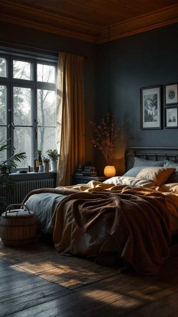 A cozy bedroom with warm tones, dark walls, and soft lighting.