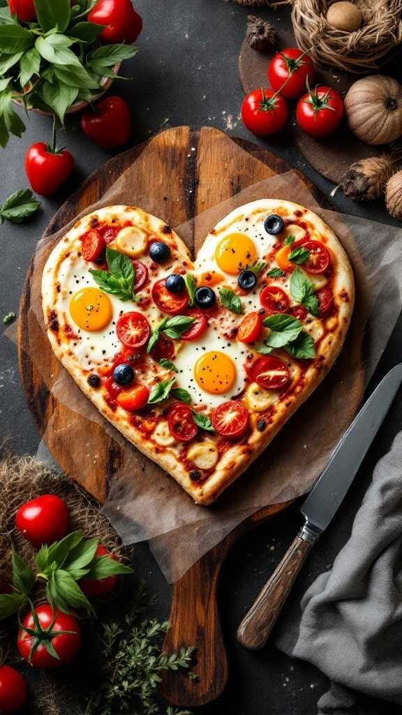 Heart-shaped pizza with fresh toppings and eggs.