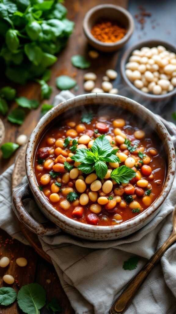 A bowl of white bean and spinach chili garnished with herbs, surrounded by ingredients.