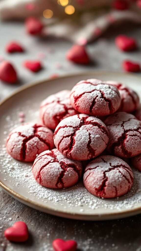 White chocolate red velvet cookies stacked on a plate, dusted with powdered sugar.