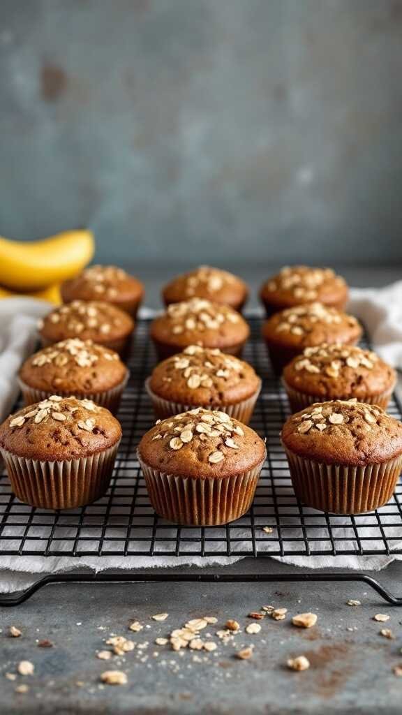 Whole Wheat Banana Oat Muffins on a cooling rack with oats on top