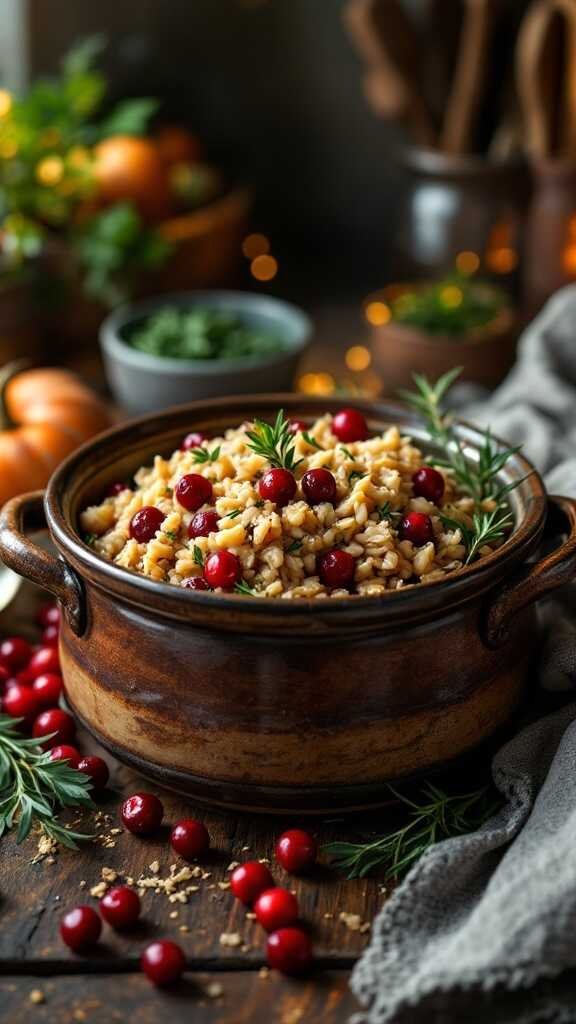 A bowl of wild rice and cranberry stuffing garnished with cranberries and herbs.