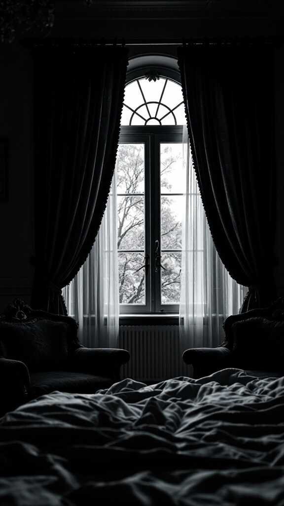 A dark bedroom with heavy drapes framing a window, showcasing a cozy atmosphere.