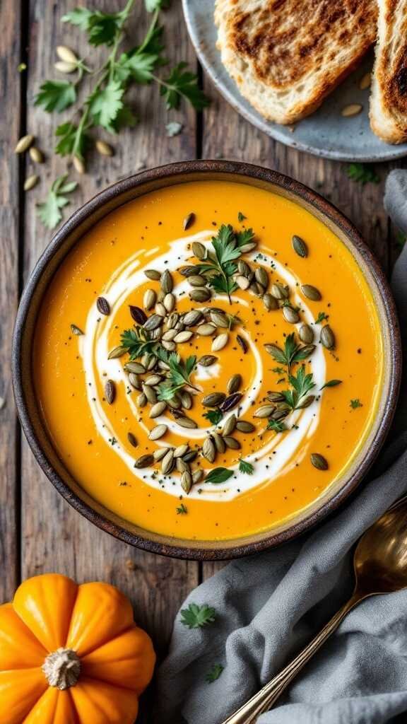 A bowl of creamy winter squash soup garnished with herbs and seeds, served with toasted bread.