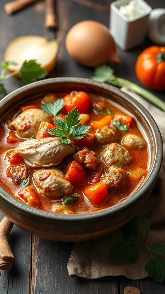 A bowl of zesty Italian chicken stew with vibrant vegetables