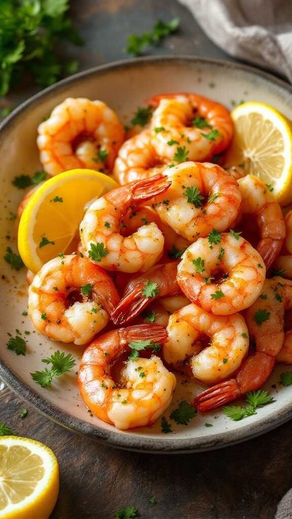 Plate of cooked shrimp garnished with parsley and lemon slices