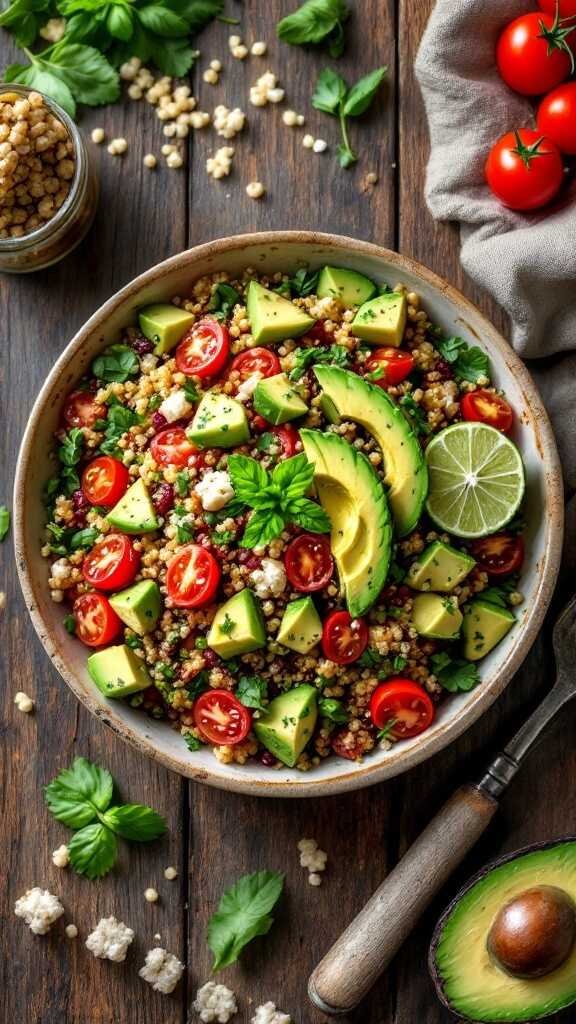 A vibrant bowl of zesty quinoa salad featuring avocado, cherry tomatoes, and a sprinkle of fresh herbs.