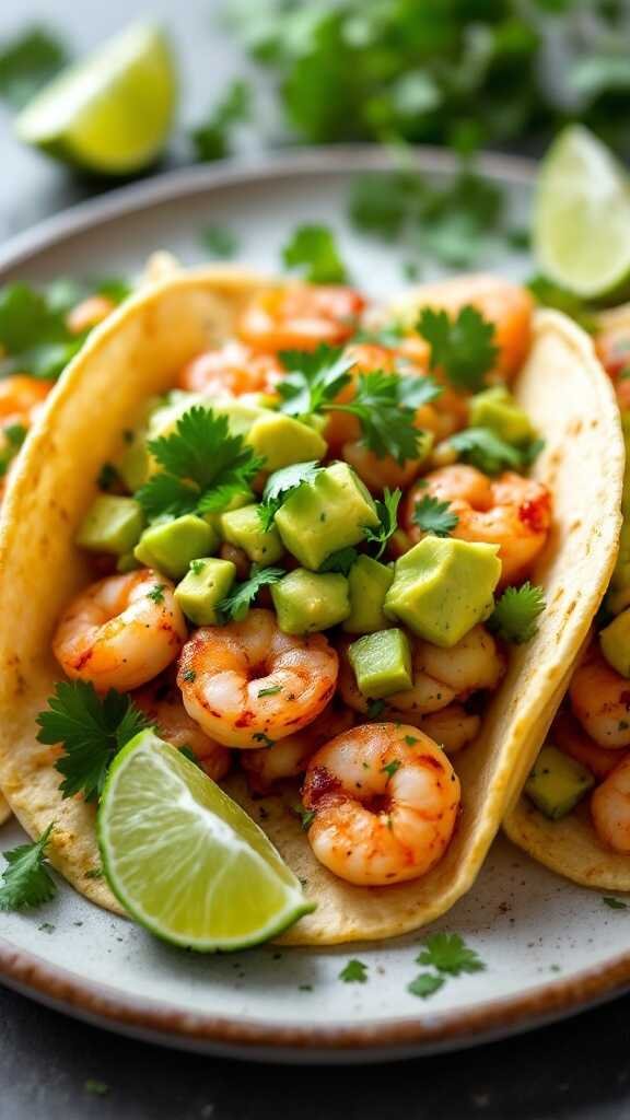 Delicious zesty shrimp tacos topped with avocado salsa and garnished with lime and cilantro.