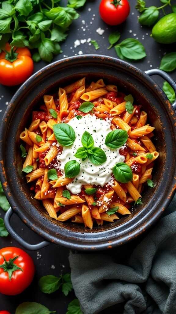 A delicious serving of ziti pasta topped with vegan ricotta and fresh basil.