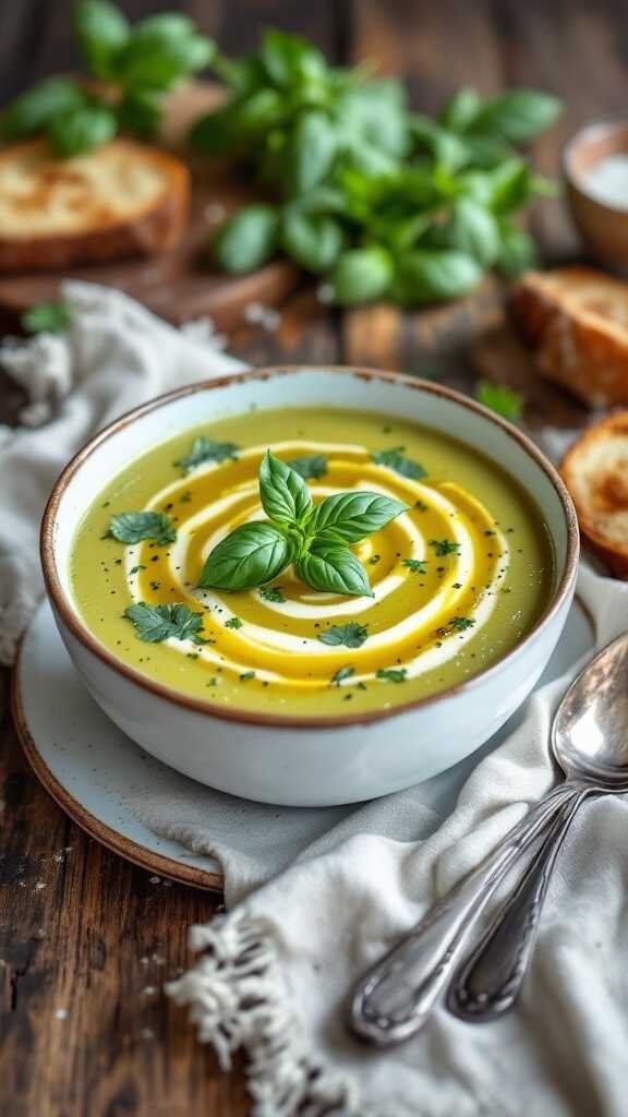 A bowl of zucchini and basil soup garnished with fresh basil leaves.