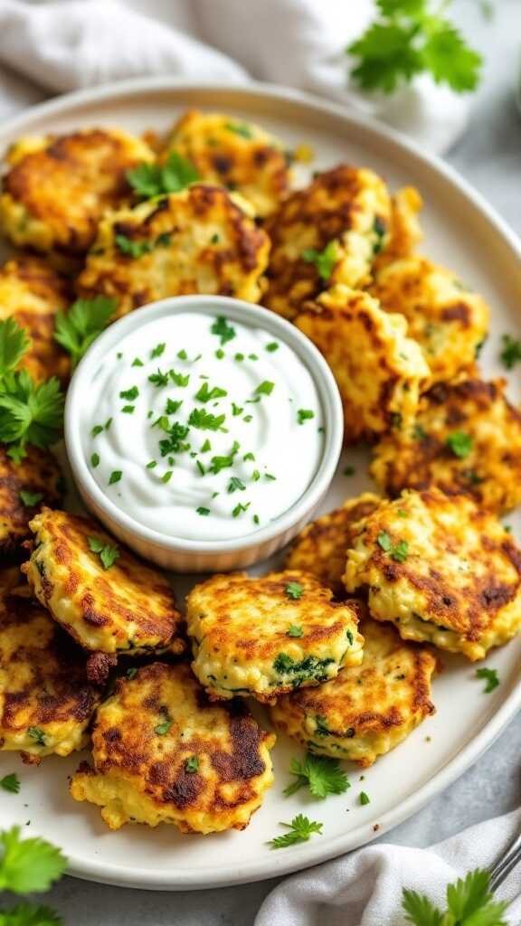 Plate of zucchini fritters with tzatziki sauce garnished with herbs