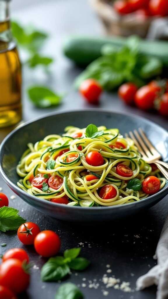 A bowl of fresh zucchini noodle salad with cherry tomatoes and basil.