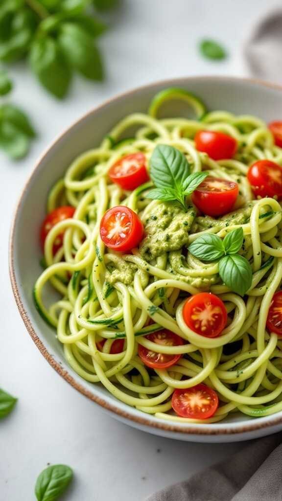 A bowl of zucchini noodles topped with avocado pesto and cherry tomatoes.