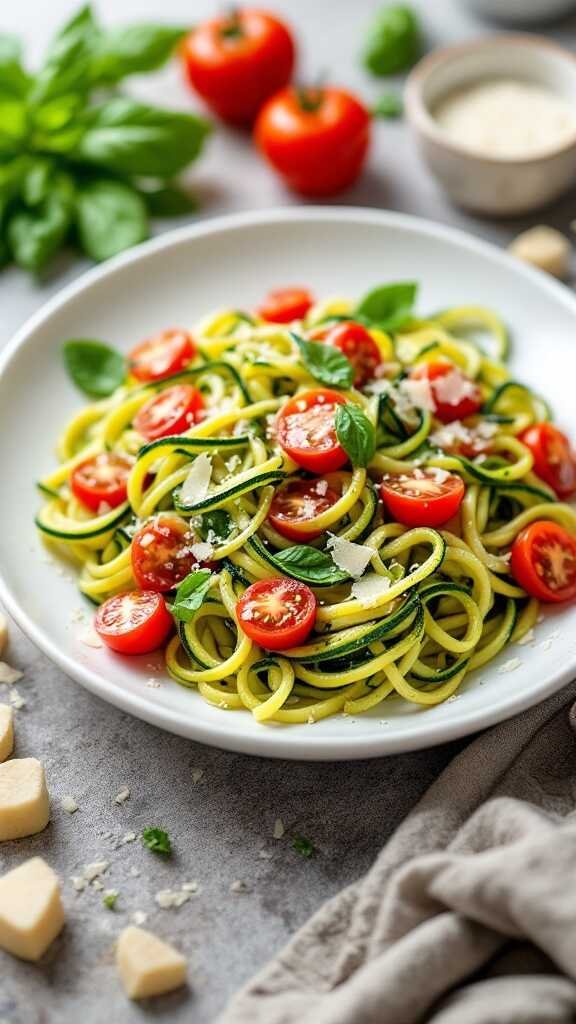 A plate of zucchini noodles topped with cherry tomatoes and basil pesto.