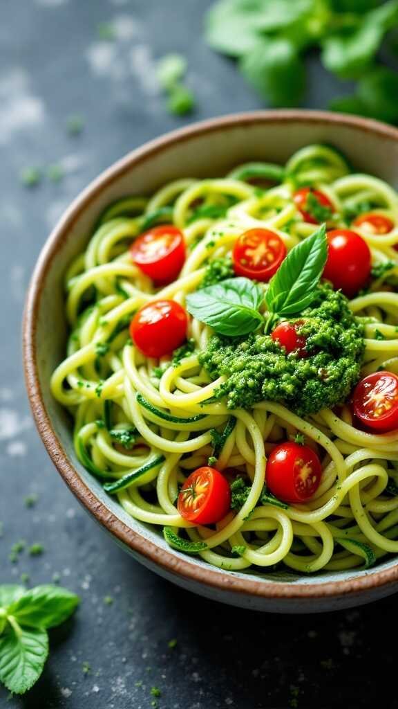 A bowl of zucchini noodles topped with pesto and cherry tomatoes.