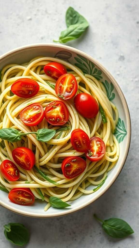 A bowl of zucchini noodles topped with cherry tomatoes and basil.