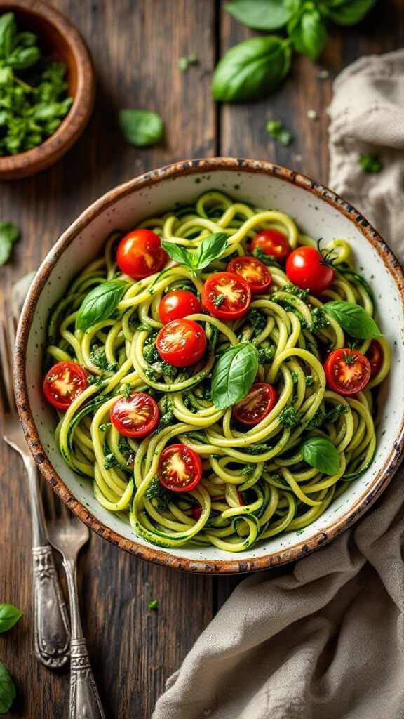 A bowl of zucchini noodles with pesto and cherry tomatoes garnished with basil.