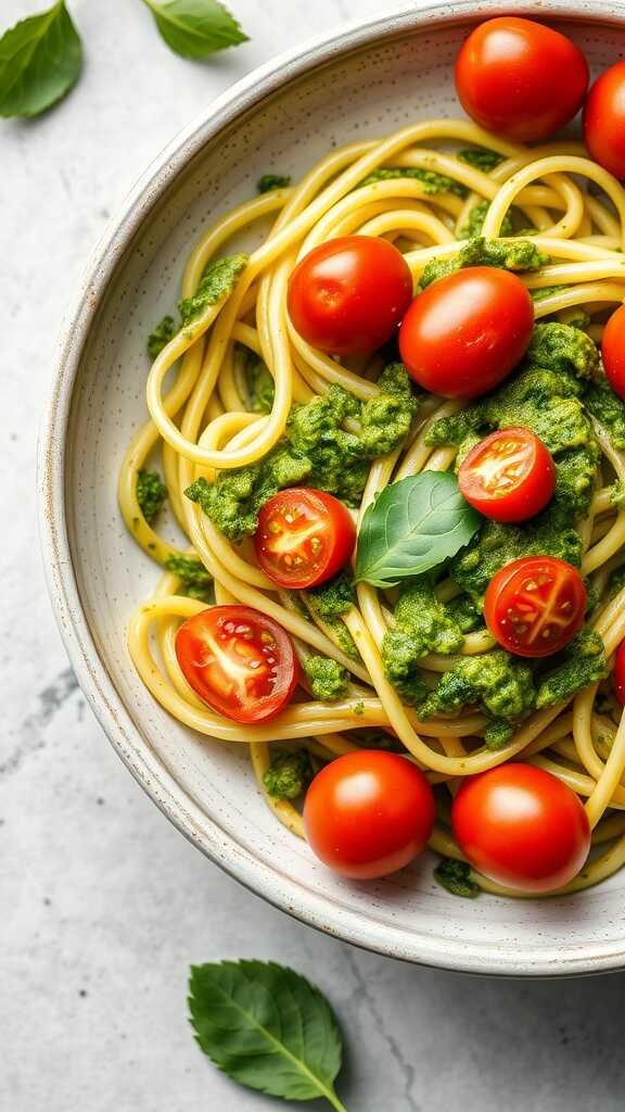 Zucchini noodles topped with pesto sauce and cherry tomatoes