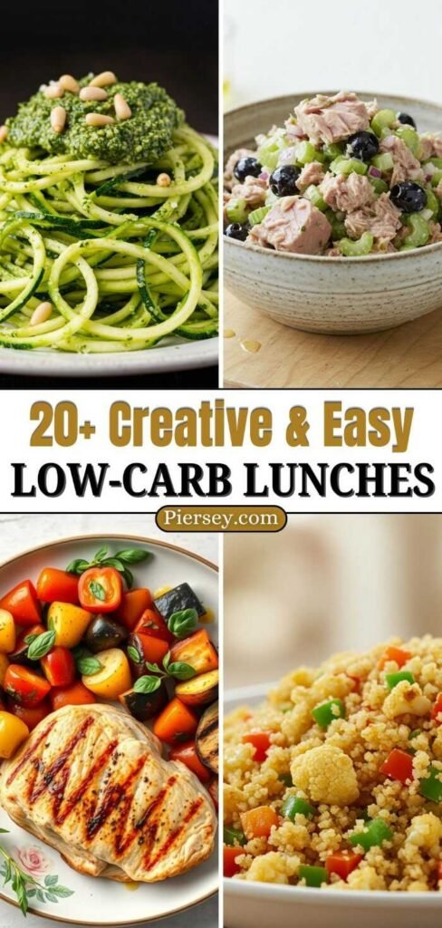 Four low-carb lunches: zucchini noodles with pesto, tuna salad with olives, grilled chicken with vegetables, and couscous with veggies. Text: "20+ Creative & Easy Low-Carb Lunches."