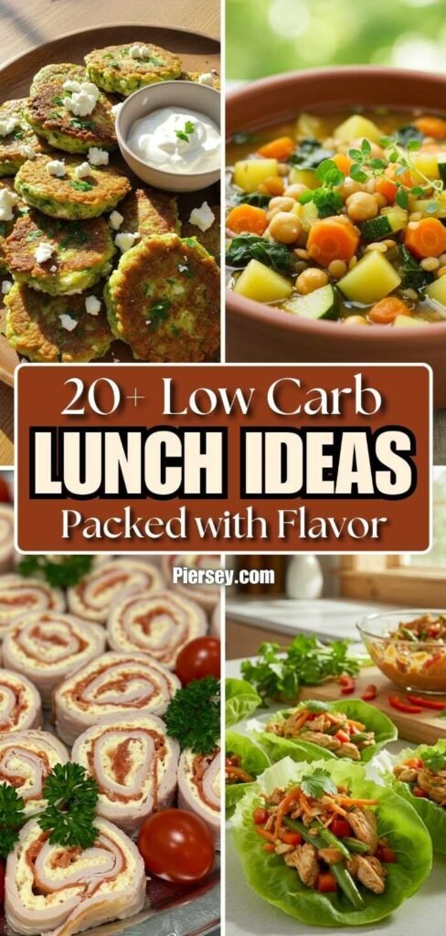 Four images of low-carb lunch dishes: zucchini fritters with dip, vegetable soup, turkey pinwheels, and lettuce wraps, with text overlay.