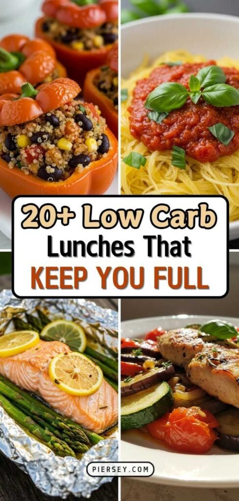 Collage of low-carb lunches: stuffed peppers with quinoa, spaghetti squash with marinara, baked salmon with lemon, and grilled chicken with veggies. "20+ Low Carb Lunches That Keep You Full" text in center.