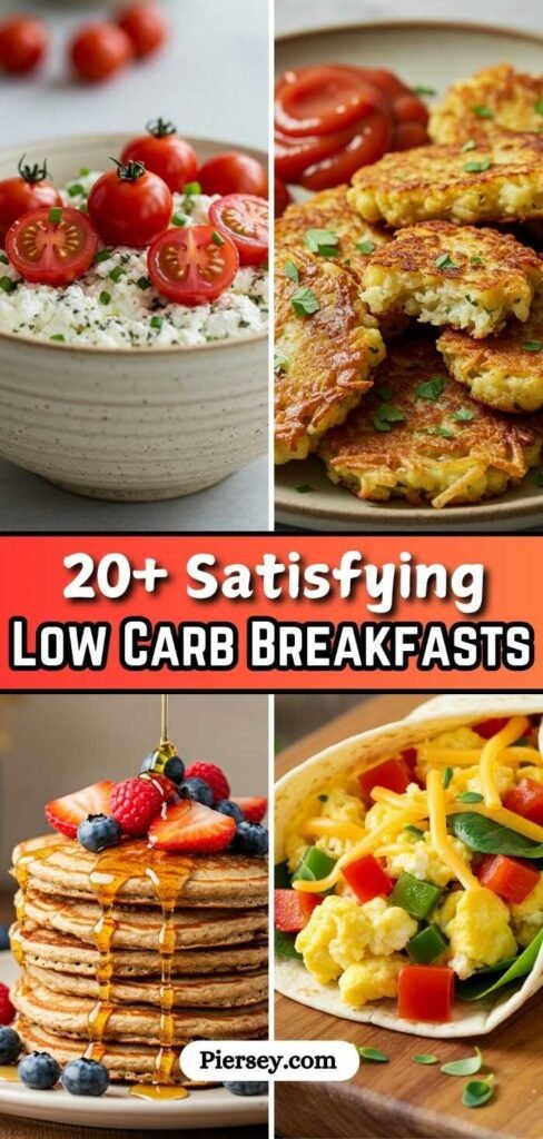 A collage of low-carb breakfasts: cottage cheese with cherry tomatoes, potato pancakes with ketchup, berry-topped pancakes, and a veggie omelet wrap. Text reads "20+ Satisfying Low Carb Breakfasts."