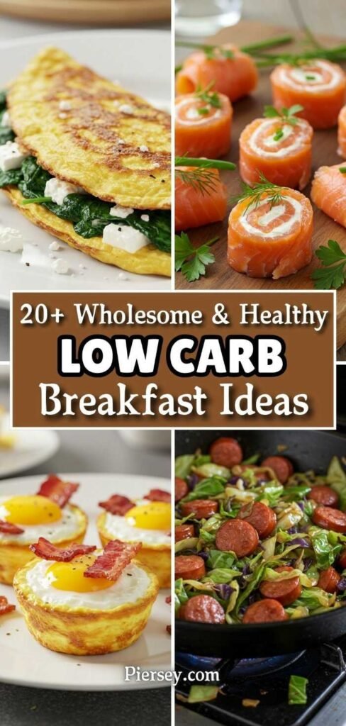 Collage of low-carb breakfast ideas: spinach and feta omelette, smoked salmon rolls, baked eggs with bacon, and sausage with greens. Text reads "20+ Wholesome & Healthy Low Carb Breakfast Ideas."