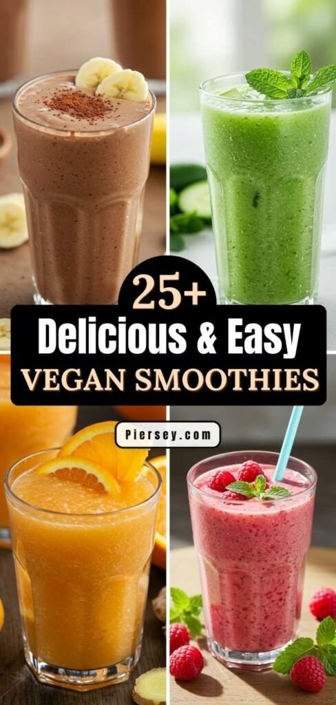 A collage of four vibrant vegan smoothies: banana cocoa, mint green, orange ginger, and raspberry. Text overlay reads “25+ Delicious & Easy Vegan Smoothies.”