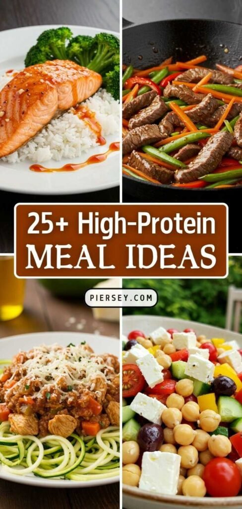 A collage of high-protein meals: salmon on rice with broccoli, beef stir-fry with vegetables, zucchini noodles with sauce, and a colorful Greek salad.
