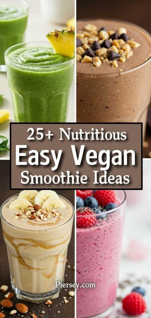 Collage of four smoothies: green with pineapple, chocolate with nuts, banana almond, and berry chia. Text reads "25+ Nutritious Easy Vegan Smoothie Ideas."