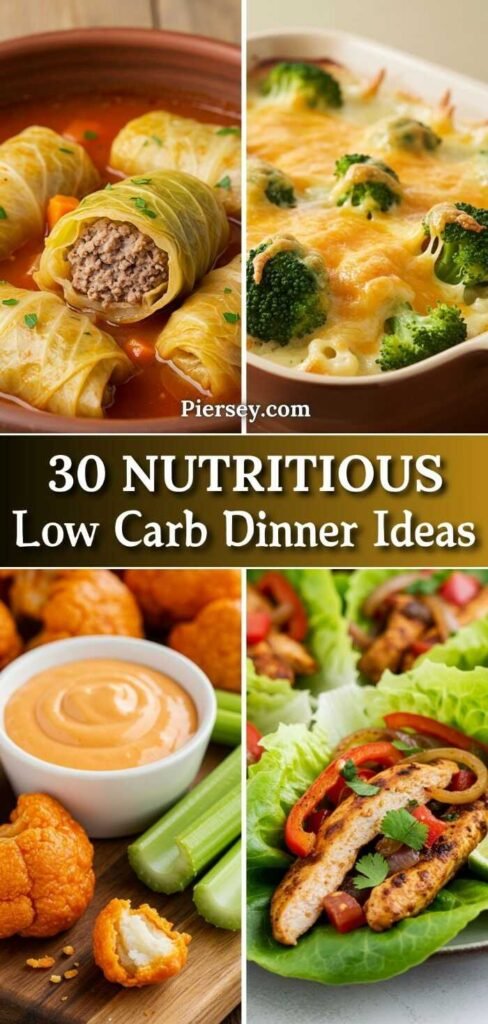 Collage of low-carb meals: cabbage rolls, broccoli bake, buffalo cauliflower with dip, and chicken lettuce wraps. Text reads "30 Nutritious Low Carb Dinner Ideas."