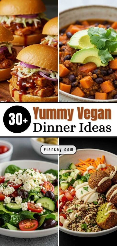 Collage of vegan dishes: BBQ jackfruit sliders, sweet potato chili with avocado, Greek salad with feta, and falafel quinoa bowl. Text: "30+ Yummy Vegan Dinner Ideas."