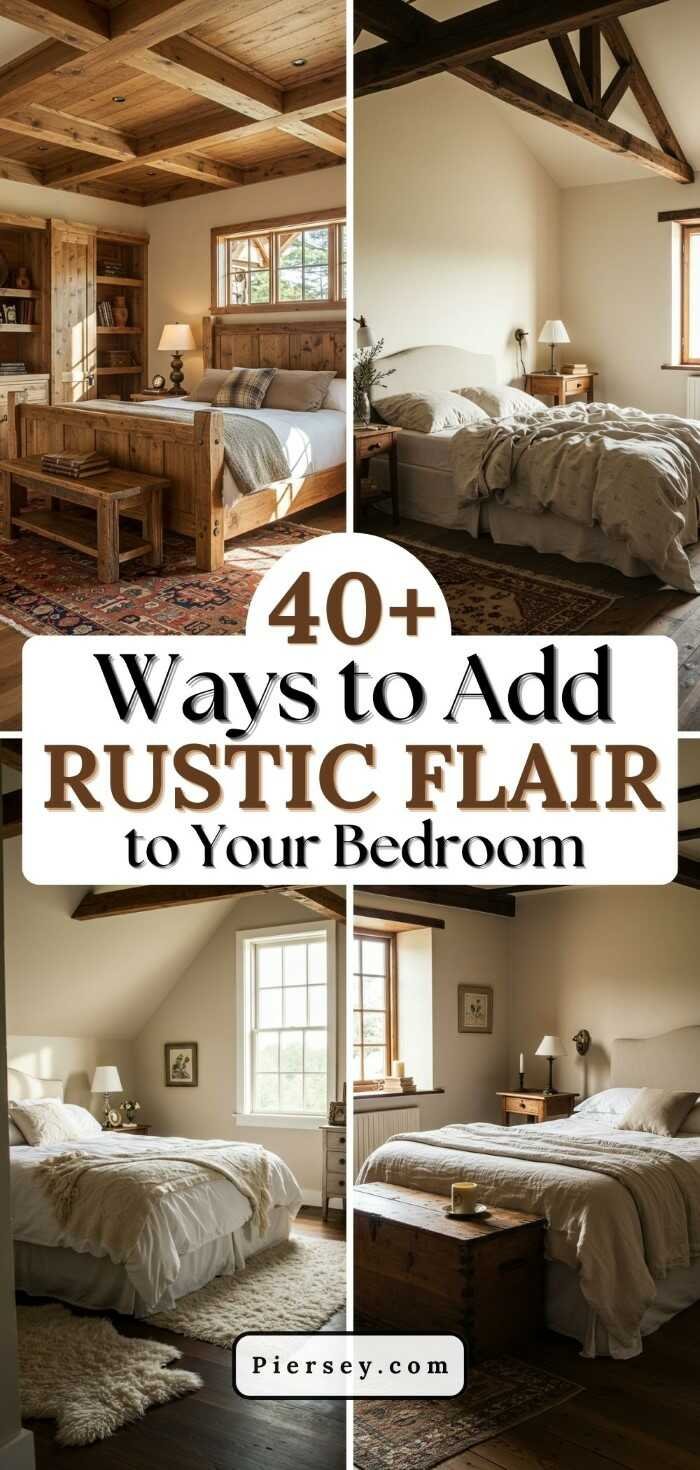 Collage of rustic bedrooms, featuring wood beams, cozy bedding, and warm lighting. Text overlay: "40+ Ways to Add Rustic Flair to Your Bedroom."