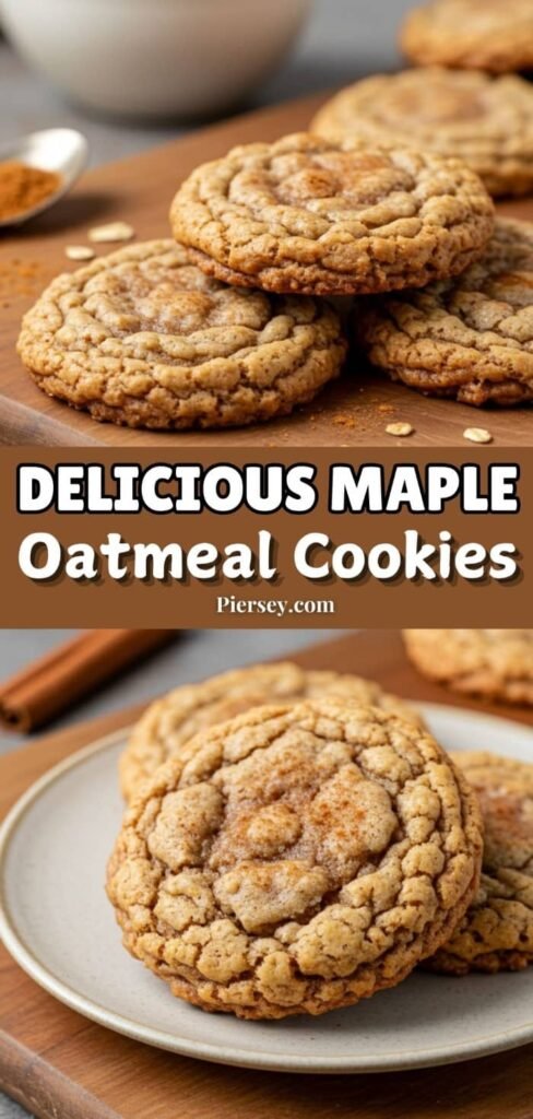 Freshly baked oatmeal cookies with a golden-brown hue and soft texture sit on a wooden board. Text reads "Delicious Maple Oatmeal Cookies."