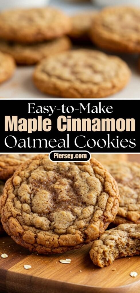 Close-up of maple cinnamon oatmeal cookies on a wooden board. Text reads "Easy-to-Make Maple Cinnamon Oatmeal Cookies." A warm, inviting tone.