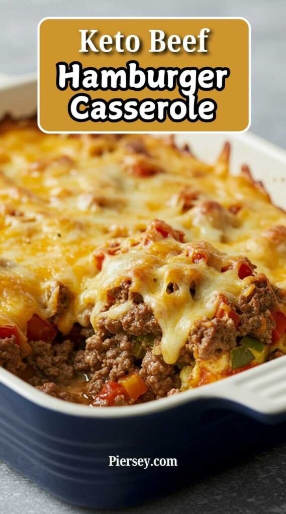 Delicious Keto Beef Hamburger Casserole topped with golden melted cheese, in a blue baking dish. Text overlay reads "Keto Beef Hamburger Casserole."
