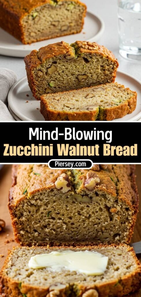 Close-up of sliced zucchini walnut bread on a white plate. The golden-brown loaf reveals pieces of walnuts and zucchini, creating a rustic, homemade feel.