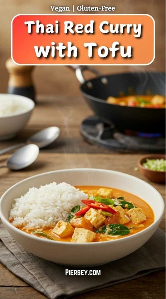 A steaming bowl of Thai red curry with tofu, white rice, red chili slices, and spinach on a gray napkin. In the background, a wok and a rice bowl.