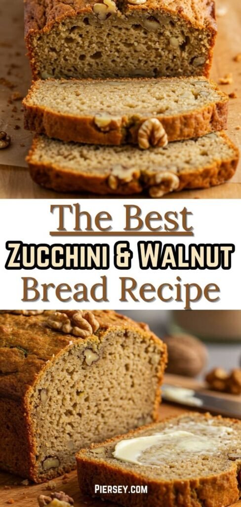 Two images of zucchini and walnut bread. Top shows sliced loaf with walnuts, bottom slice is buttered. Text reads: "The Best Zucchini & Walnut Bread Recipe."