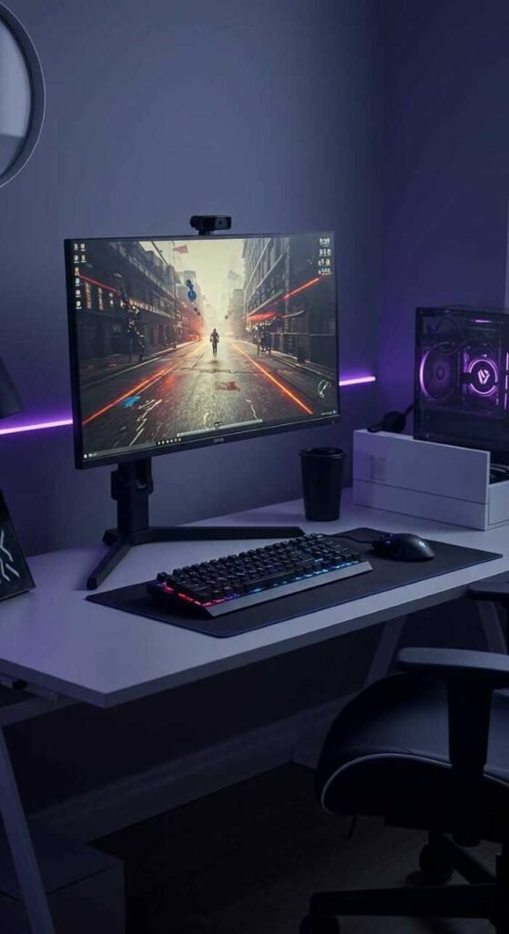 A stylish gaming setup featuring two monitors on adjustable stands, showcasing vibrant graphics in a dimly lit room.