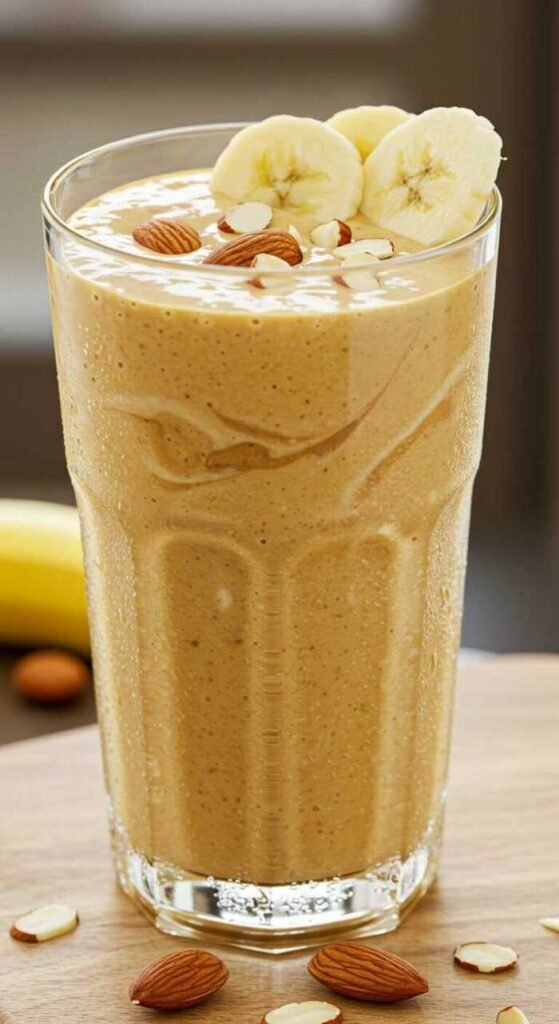 A delicious almond butter banana smoothie topped with banana slices and almonds.