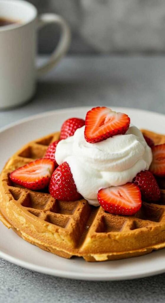 A plate of almond flour waffles topped with whipped cream and fresh strawberries.