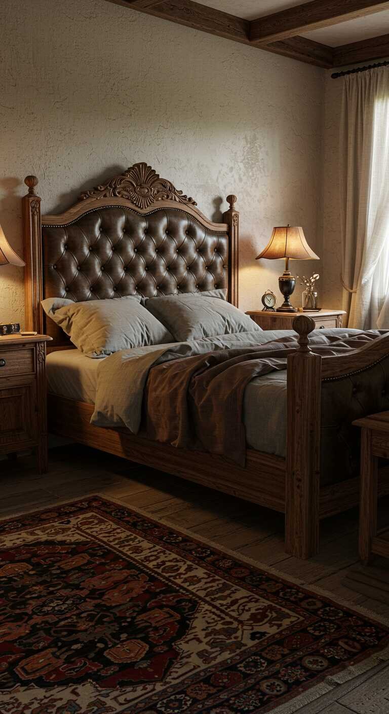 A rustic bedroom featuring antique furniture, rich wooden tones, and vintage decor.