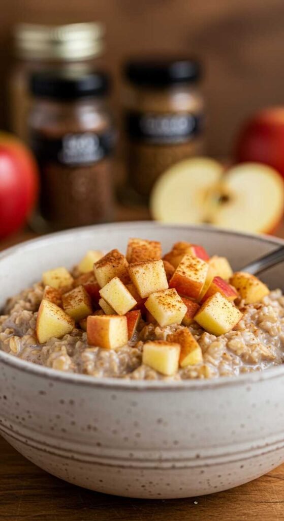 A bowl of apple cinnamon overnight oats topped with apple pieces and cinnamon.